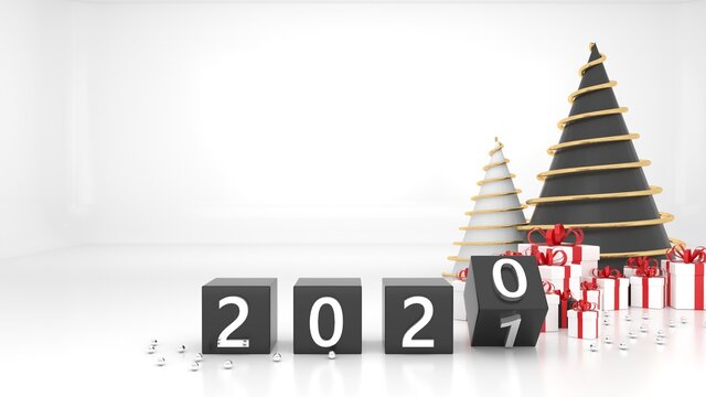 Happy New Year 2021. Concept of changing 2020 to 2021 cube-shaped wooden blocks Christmas tree gift box with numbers placed on a semi-glossy white background. To brander, product cover, 3D rendering