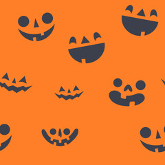 Halloween pumpkin faces seamless pattern. Carved pumpkins texture background.