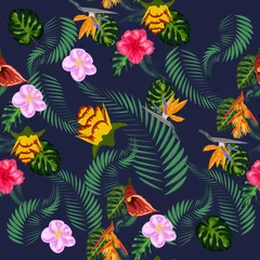 Selbstklebende Fototapeten Seamless tropical pattern with palm, monstera leaves and many flowers of hibiscus, sterlitz, tropical © MichiruKayo