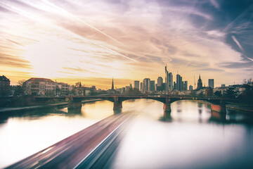 Germany Frankfurt am Main. River view in the evening or morning with great colors in the sky and backlit long exposure