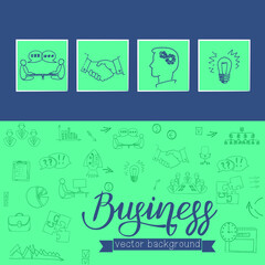 Background of business icons in Doodle style. Vector template of a leaflet, flyer or banner on the topic of collaboration, goal achievement, meetings, business ideas with the title lettering.