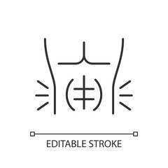 Abdominal muscle strain linear icon. Full rupture. Mild stretch. Strengthening exercises. Thin line customizable illustration. Contour symbol. Vector isolated outline drawing. Editable stroke