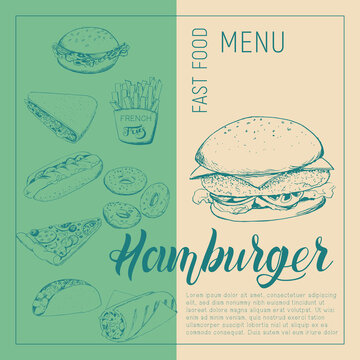 Sketch image of burger in the style of a sketch on a craft background. Fast food menu - hot dog, burrito, Taco, hamburger, French fries, chicken wings. Vector template for labels, price tags, flyers.