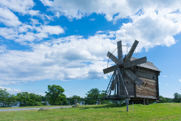 Fototapeta na wymiar wooden windmill on Kizhi island