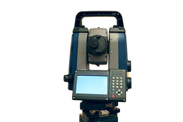 Total station isolated on white background. Electronic total station - modern geodetic instrument for measuring distances, horizontal and vertical angles. Front view.