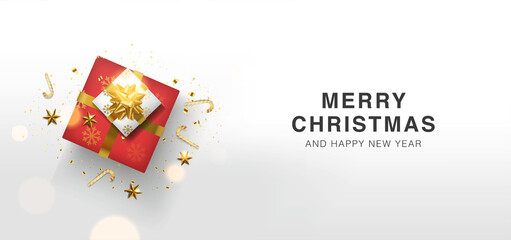 Merry Christmas and Happy New Year Background with realistic gifts box. Greeting card in top view