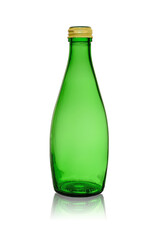 An empty glass bottle with a green tinge, closed with a metal lid. Isolated on a white background with reflection