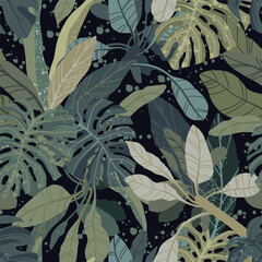 Seamless hand drawn tropical vector pattern with monstera and exotic palm leaves on dark background.