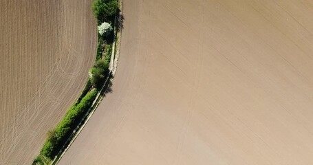 Vue aérienne, plan vertical filmé avec un drone avec vue zoomé sur sur les champs. Wavrin, Nord, Hauts-de-France, France. - Powered by Adobe