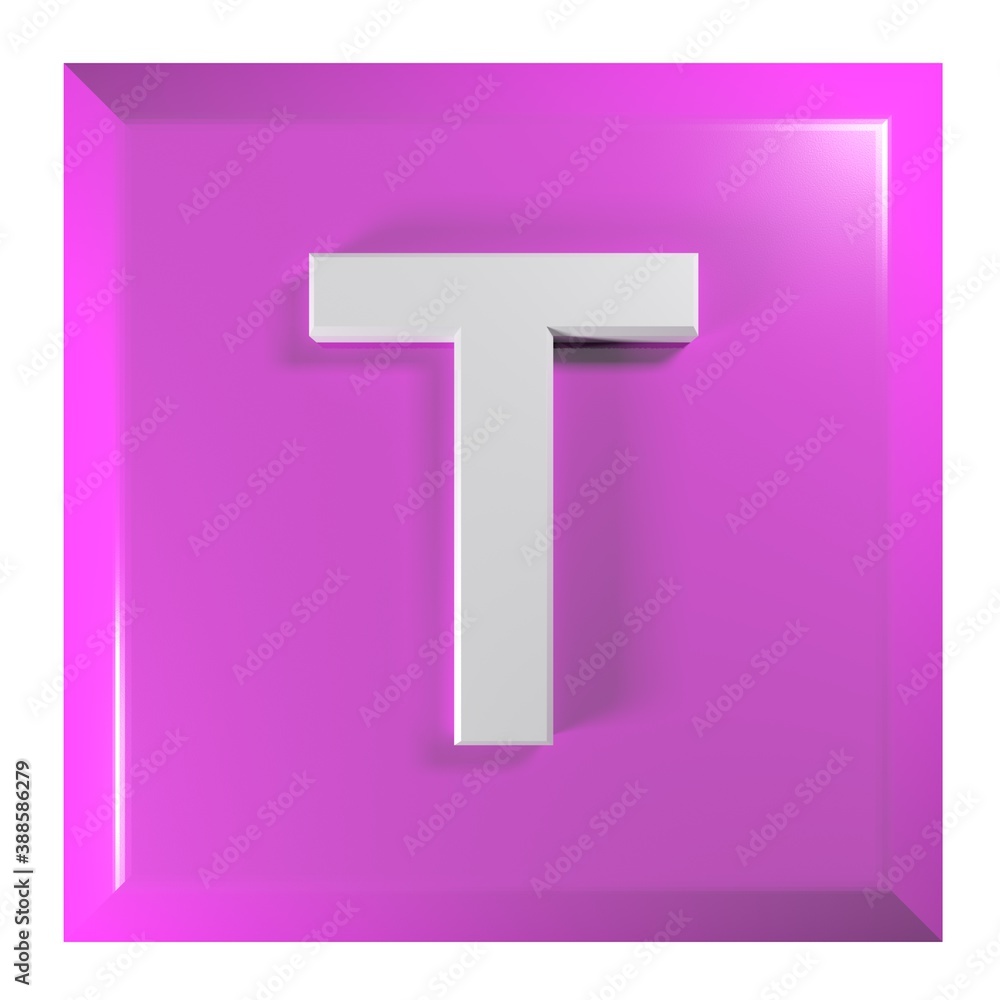 Fototapete pink square push button with the alphabetic letter t - 3d rendering illustration