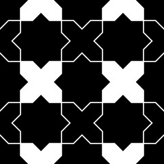 Seamless surface pattern design with Moroccan stars and crosses tiles ornament. Oriental traditional ornamentation with repeated geometric shapes. Ancient mosaic wallpaper. Grid motif. Digital paper.