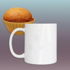 White coffee cup with muffin on a gradient muted colored background still life with copyspace.