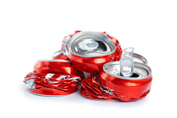 Crumpled empty aluminum soda or beer can trash isolated on white background