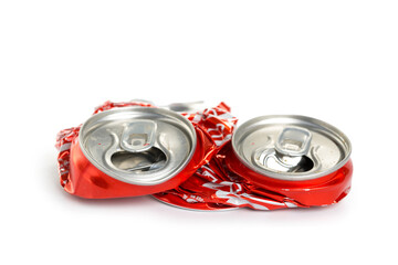 Crumpled empty aluminum soda or beer can trash isolated on white background