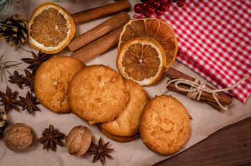 Festive shortbread orange cookies with cinnamon, ginger, anise. Christmas pastries