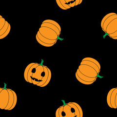Seamless pattern with pumpkins. Outline digital illustration. Halloween orange pumpkins isolated on black background.