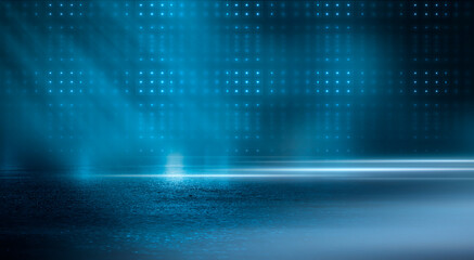 Dark street, wet asphalt, reflections of rays in the water. Abstract dark blue background, smoke, smog. Empty dark scene, neon light, spotlights. Concrete floor