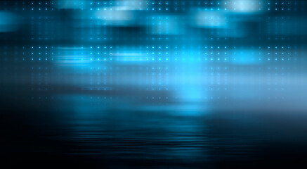 Dark street, wet asphalt, reflections of rays in the water. Abstract dark blue background, smoke, smog. Empty dark scene, neon light, spotlights. Concrete floor