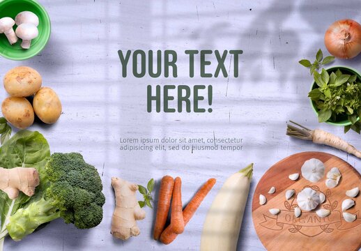 Fresh Vegetables and Spices on Kitchen Table with Shadows Mockup