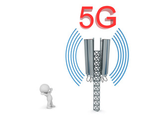 3D Character looking up excited at 5G Tower
