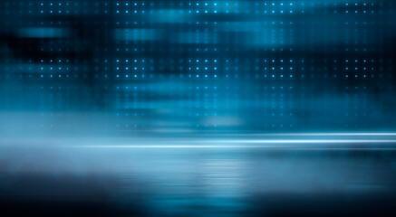 Dark street, wet asphalt, reflections of rays in the water. Abstract dark blue background, smoke, smog. Empty dark scene, neon light, spotlights. Concrete floor