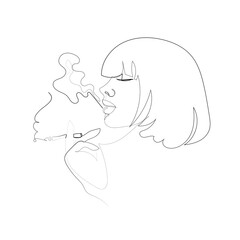 Linear portrait of a girl with a cigarette, portrait of a single line woman with a cigarette in hand, silhouette of a woman, vector illustration.