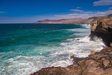 Fototapeta na wymiar Coastline and desert scape around La Pared in the south of Fuerteventura