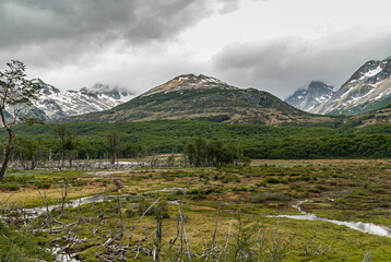 Ushuaia, Tierra del Fuego, Argentina - December 13, 2008: Martial Mountains in Nature Reserve. Green wetland in front Brown snow covered mountain tops rising into brown cloudscape.