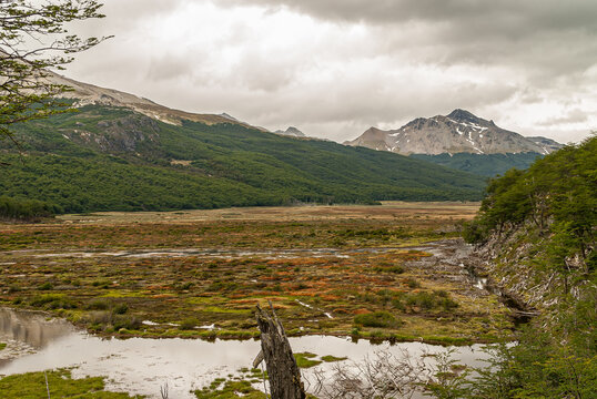 Ushuaia, Tierra del Fuego, Argentina - December 13, 2008: Martial Mountains in Nature Reserve. Valley of brown and green wetland where water reflects light gray sky with brown patches.