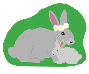 Domestic rabbit mom and her cub. Cartoon. Vector illustration.