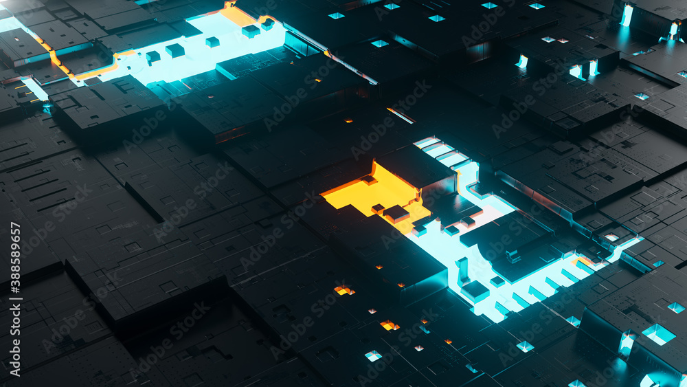 Poster 3d render of digital surface. tech background. glow segments. details.