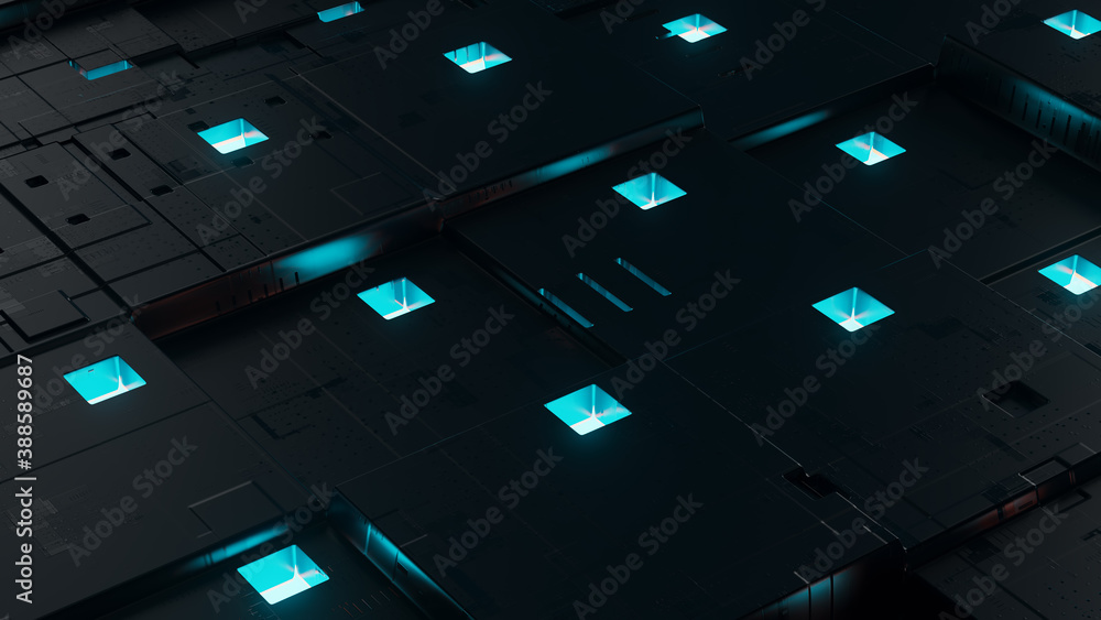 Poster 3d render of digital surface. tech background. glow segments. details.