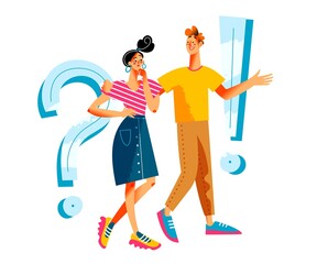 Refer friend program, man recommending woman. Business referral vector illustration. People thinking, asking for job, friend recommending person and walking. Question symbol sign