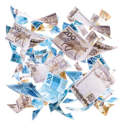 rain of Brazilian money, 200, 100 and 50 reais banknotes and notes falling, with punctual focus. Fortune and draw concept, grand prize