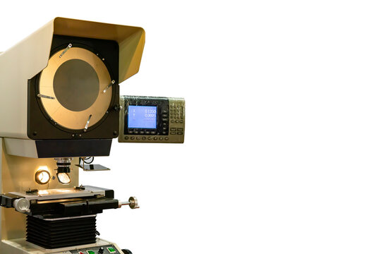 High technology and modern profile projector or optical comparator for silhouette precision measuring and quality control of small parts in industrial isolated on white background with clipping path