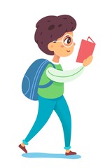 Boy reading book at school. Happy cute child in glasses with backpack walking with book, smiling. Education vector illustration. Fun time in education, kid going on white background