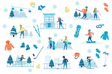 Winter sports bundle of flat scenes. People play hockey, skating and skiing isolated set. Skis, skates, snowboard, hockey stick and sportswear elements. Wintertime vacation cartoon vector illustration