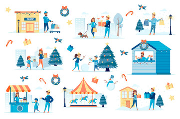Fototapeta na wymiar Winter festival bundle of flat scenes. Festive carnival, amusement fair isolated set. Carousel, candy shop, snowman and gifts elements. Family shopping and play outdoor cartoon vector illustration.