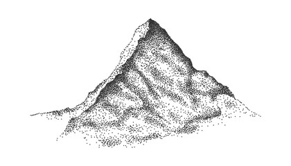 Hand drawn mountain in dot work style. Vector illustration isolated on white background.