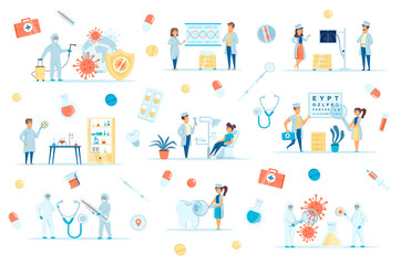 Fototapeta na wymiar Coronavirus pandemic bundle of flat scenes. Virus research, vaccine development isolated set. Doctor and patient, laboratory, clinic elements. Prevention and disinfection cartoon vector illustration.