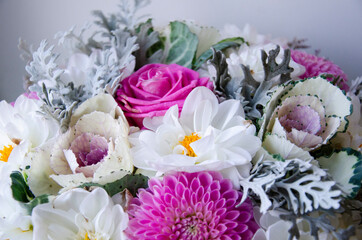 Beautiful birthday bouquet of white and pink flowers.