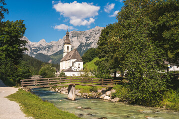 Beautiful view of church of St Sebastian in the summer, Bavarian Alps, South Germany