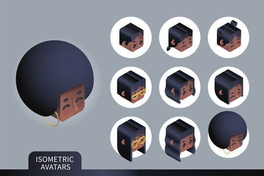 Flat isometric vector set. Avatars of Black women. Different haircuts and hairstyles. Piercing, glasses and earrings design element. Face icons.