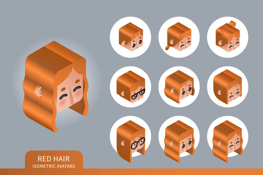 Flat isometric vector set. Avatars of women with red hair. Different haircuts and hairstyles. Piercing, glasses and earrings design element.
