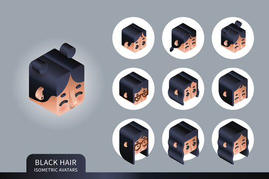 Flat isometric vector set. Avatars of women with black hair. Different haircuts and hairstyles. Piercing, glasses and earrings design element.