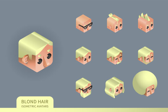 Flat isometric vector set. Avatars of men with blond hair. Different haircuts and hairstyles. Piercing, glasses and earrings design element.