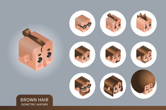 Flat isometric vector set. Avatars of men with brown hair. Different haircuts and hairstyles. Piercing, glasses and earrings design element.