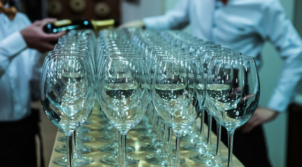 Waiters pouring wine into many glasses