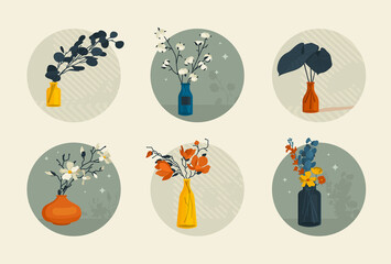 Vector flat elements. Set of glass vases with plants, leaves, flowers. Home decor. Modern style. 