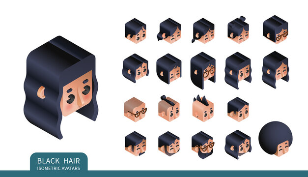 Flat isometric vector set. Avatars of men and women with black hair. Different haircuts and hairstyles. Piercing, glasses and earrings design element.